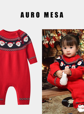 婴幼儿圣诞衣服大红色纯棉线针织连体衣圣诞老人哈衣爬服新年装