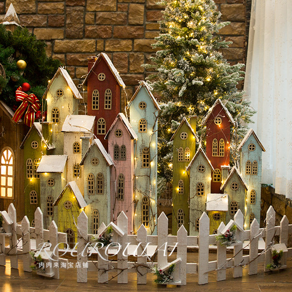 复古木屋带亮灯 节日场景装饰实木小屋房子 (圣诞节 万圣节推荐)