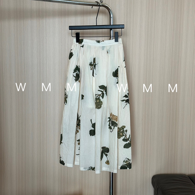 WMM褶皱花草图案半身裙有内衬女士百搭宽松A字显瘦松紧腰中长裙