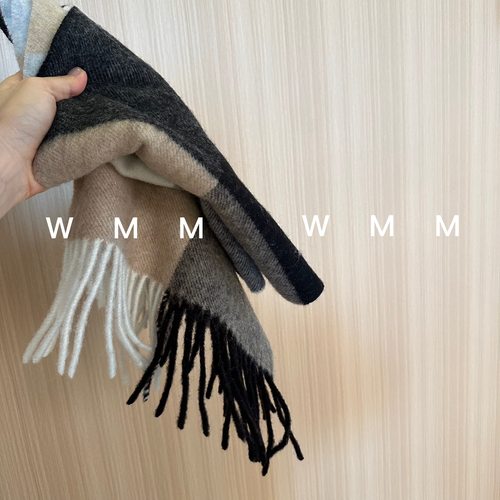 WMM全羊毛奶咖色系格子流苏围巾女秋冬服饰配件百搭披肩保暖敢