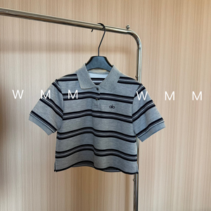 WMM灰黑条纹短袖t恤Polo衫夏季翻领夏装针织条纹休闲显瘦女上衣