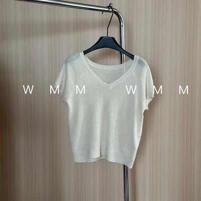 WMM亚麻针织v领短袖奶油白女士夏季新款透气宽松纯色舒适上衣