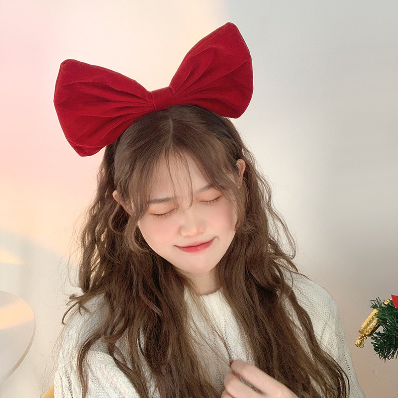 酒红色大蝴蝶结发箍女少女可爱超仙百搭外出新年发卡网红洗脸头箍