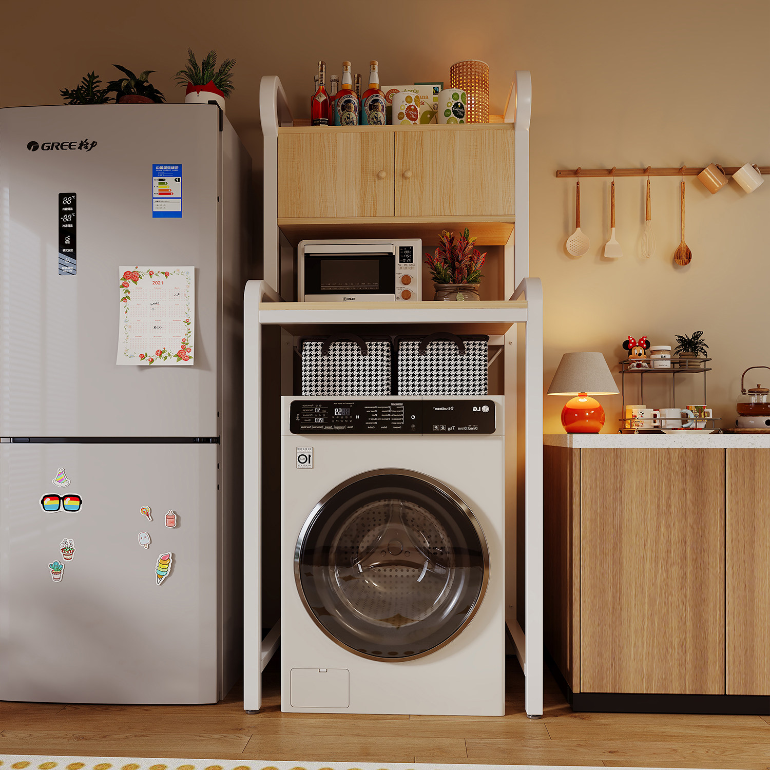 洗衣机上方置物架落地厨房微波炉收纳层架多层餐柜靠墙一体收纳柜