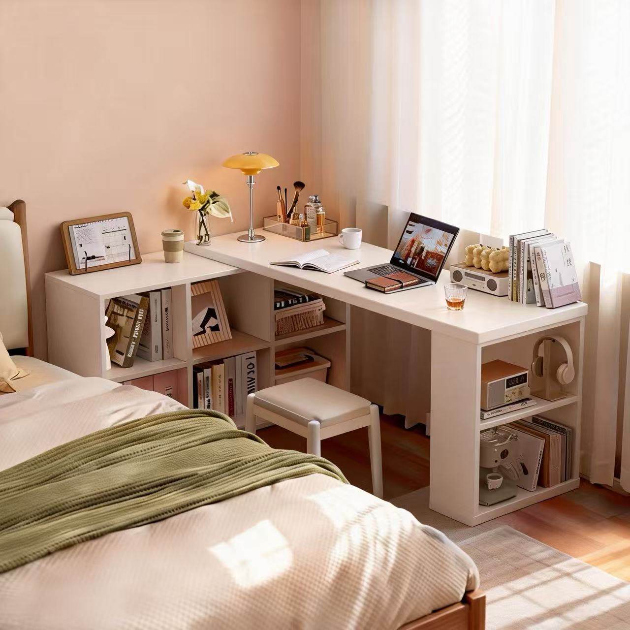 转角书桌书柜一体家用学习桌收纳柜化妆台卧室轻奢高级感牀边桌子,住宅家具,电脑桌,淘宝优惠券,粉丝福利购,淘宝优惠卷