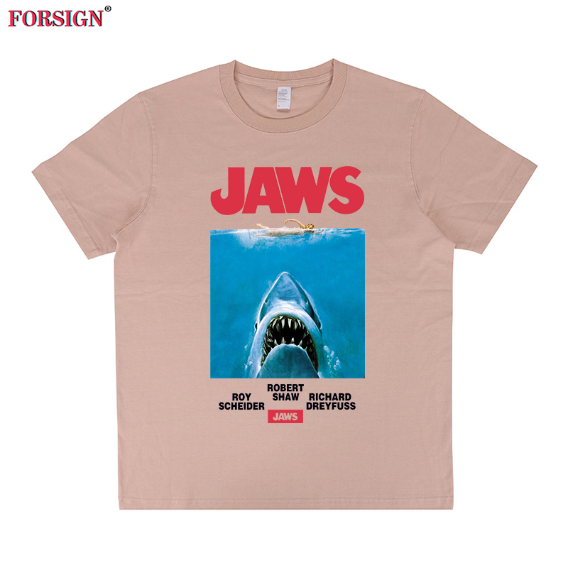 大白鲨jaws斯皮尔伯格经典怀旧复古电影短袖T恤男女字母涂鸦海报