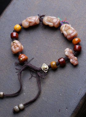 天然满血骆驼骨手链雕刻三不猴藏式手工编织可调节铜祥云配饰手串