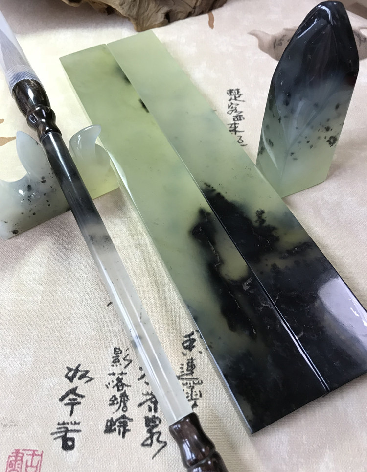 岫玉镇尺镇纸套装 岫玉水墨玉镇尺镇纸印章毛笔四件套 玉石镇尺套