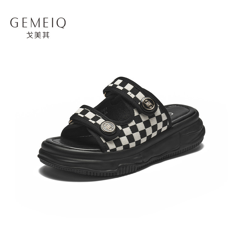 戈美其网红棋盘格魔术贴溶解沙滩拖鞋女夏外穿舒适家居凉拖鞋女潮