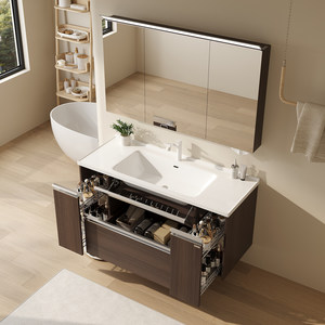 卡贝中古风胡桃木卫生间智能实木浴室柜组合ENF级陶瓷一体盆套装