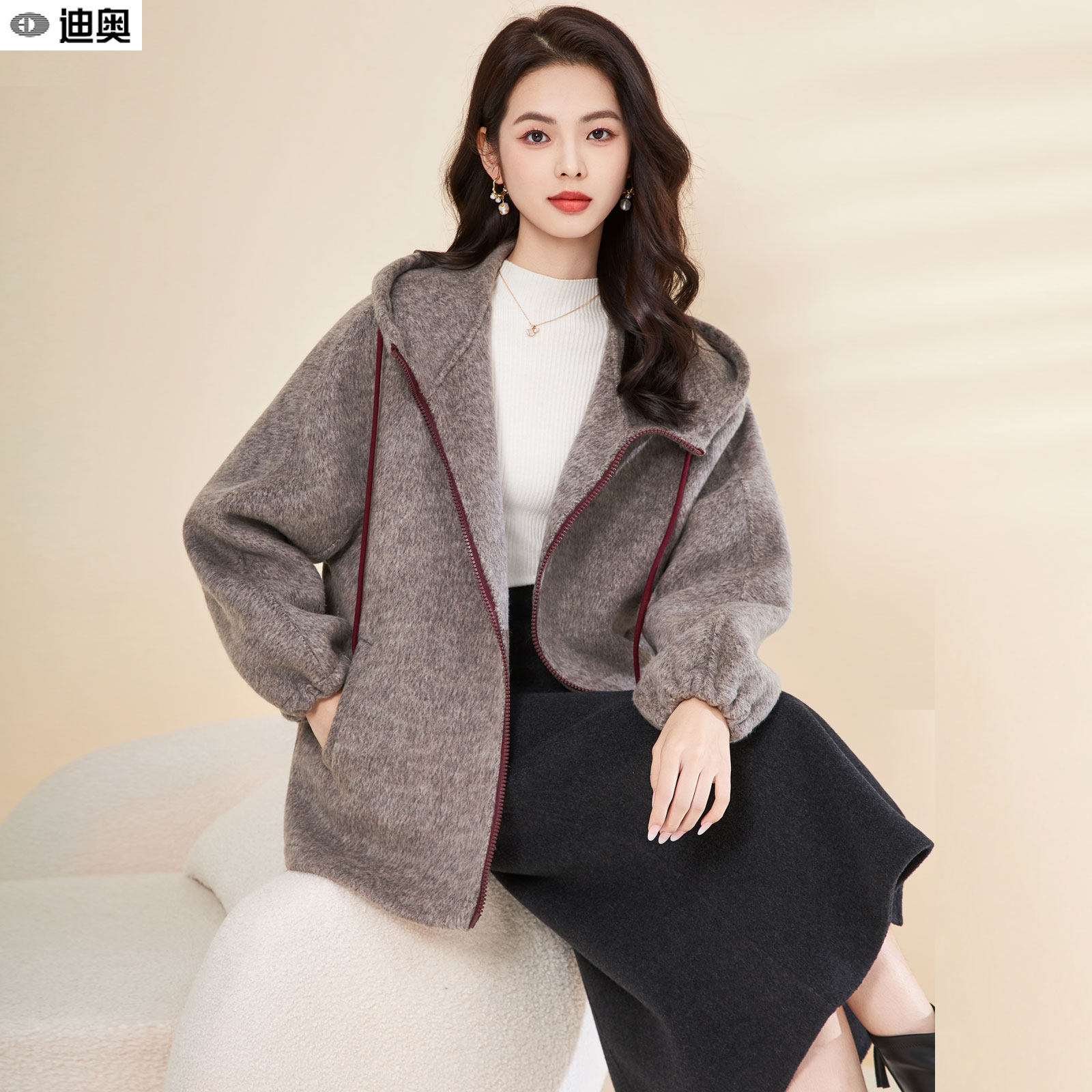 迪奥高级感气质名媛赫本风连帽双面呢羊毛卫衣外套女25秋冬新款