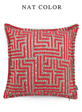 轻奢提花迷宫纹亚麻红色抱枕靠垫轻奢样板间搭配沙发靠枕客厅靠背