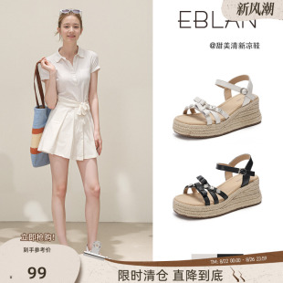 女一字沙滩罗马鞋 EBLAN 草编厚底坡跟水钻凉鞋 99清仓福利 伊伴