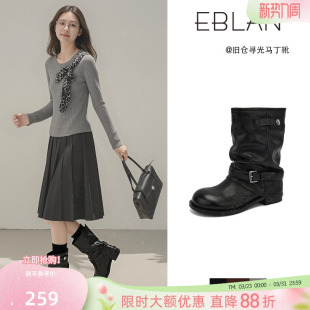 新款 管短靴女2026春季 长筒堆堆靴骑士马丁靴子 伊伴芒果头裤 EBLAN