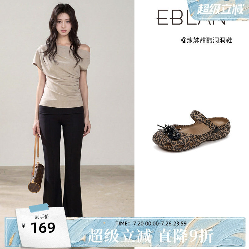 EBLAN/伊伴豹纹芭蕾玛丽珍洞洞鞋女款夏季平底沙滩包头凉拖鞋外穿