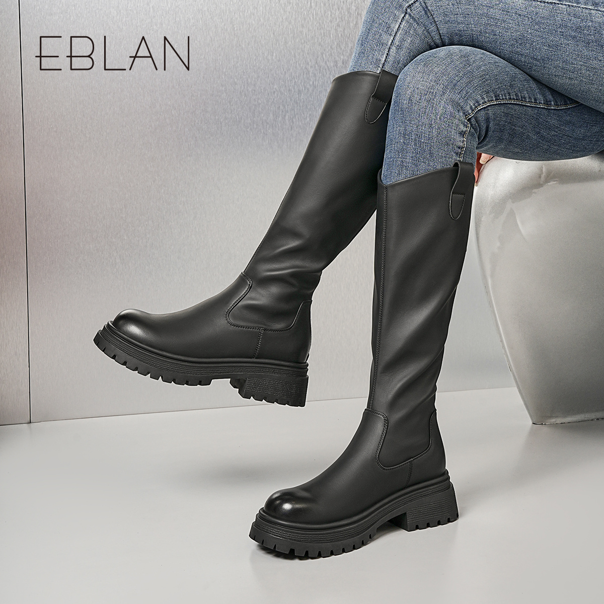 EBLAN/伊伴厚底增高长筒靴2025年冬季新款时尚百搭骑士靴潮流女靴