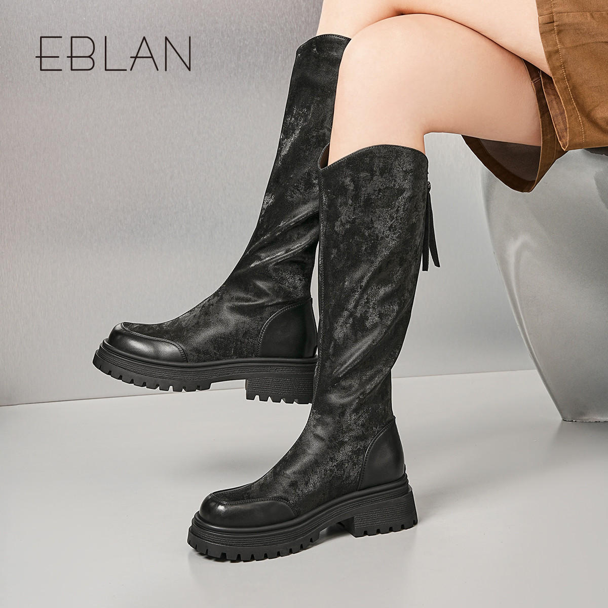 伊伴厚底增高法式复古骑士靴