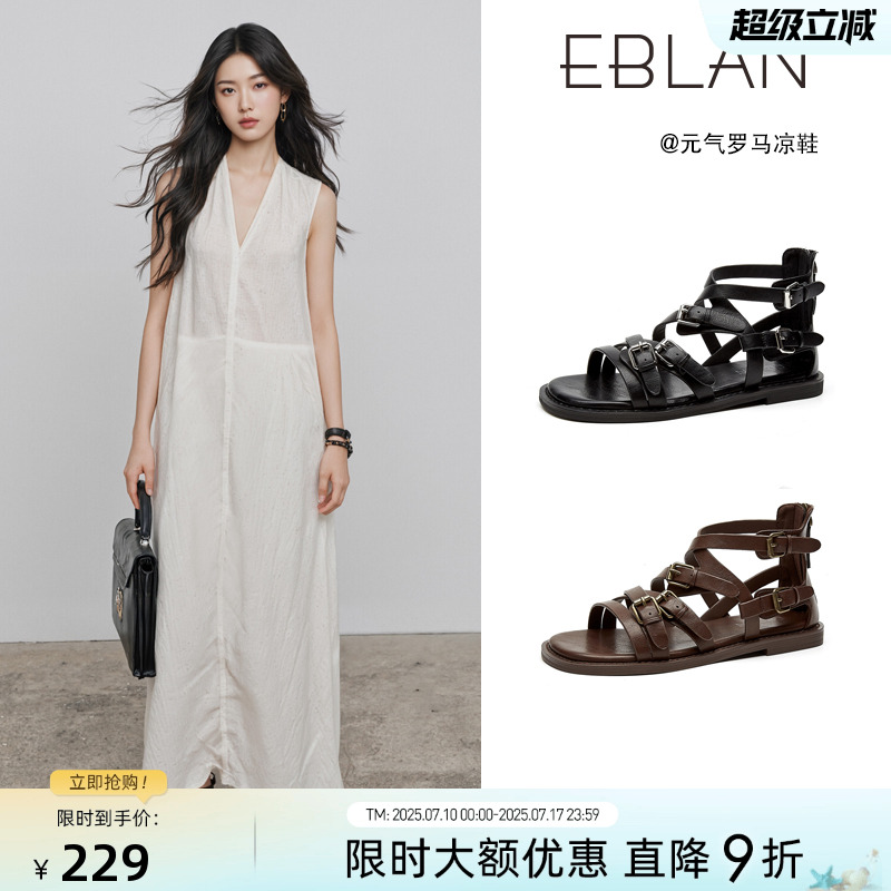 EBLAN/伊伴一字带凉鞋女2025夏季新款平底后拉链皮带扣沙滩罗马鞋