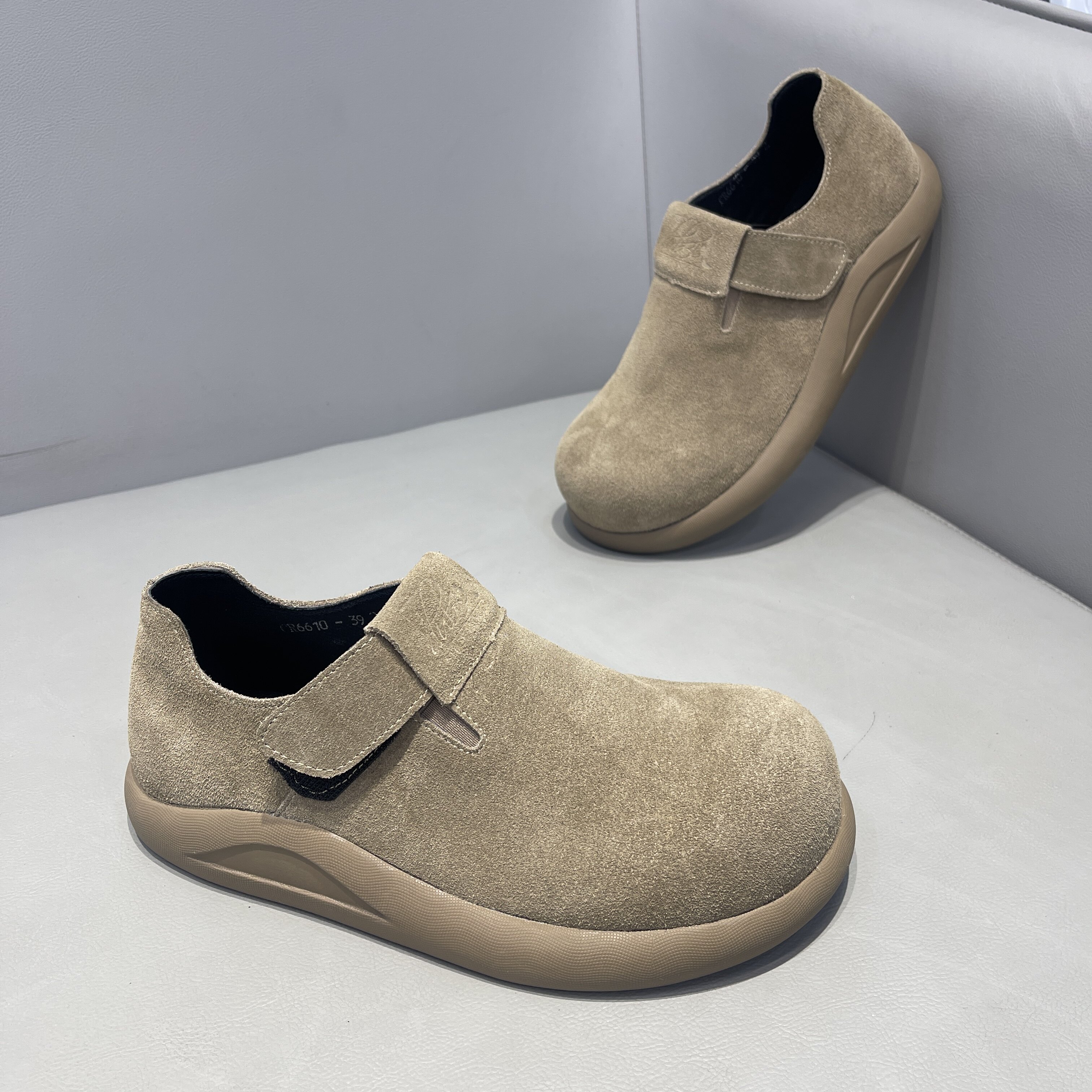 外贸男鞋头层牛皮厚底大头鞋2025春秋季复古潮流百搭魔术贴勃肯鞋