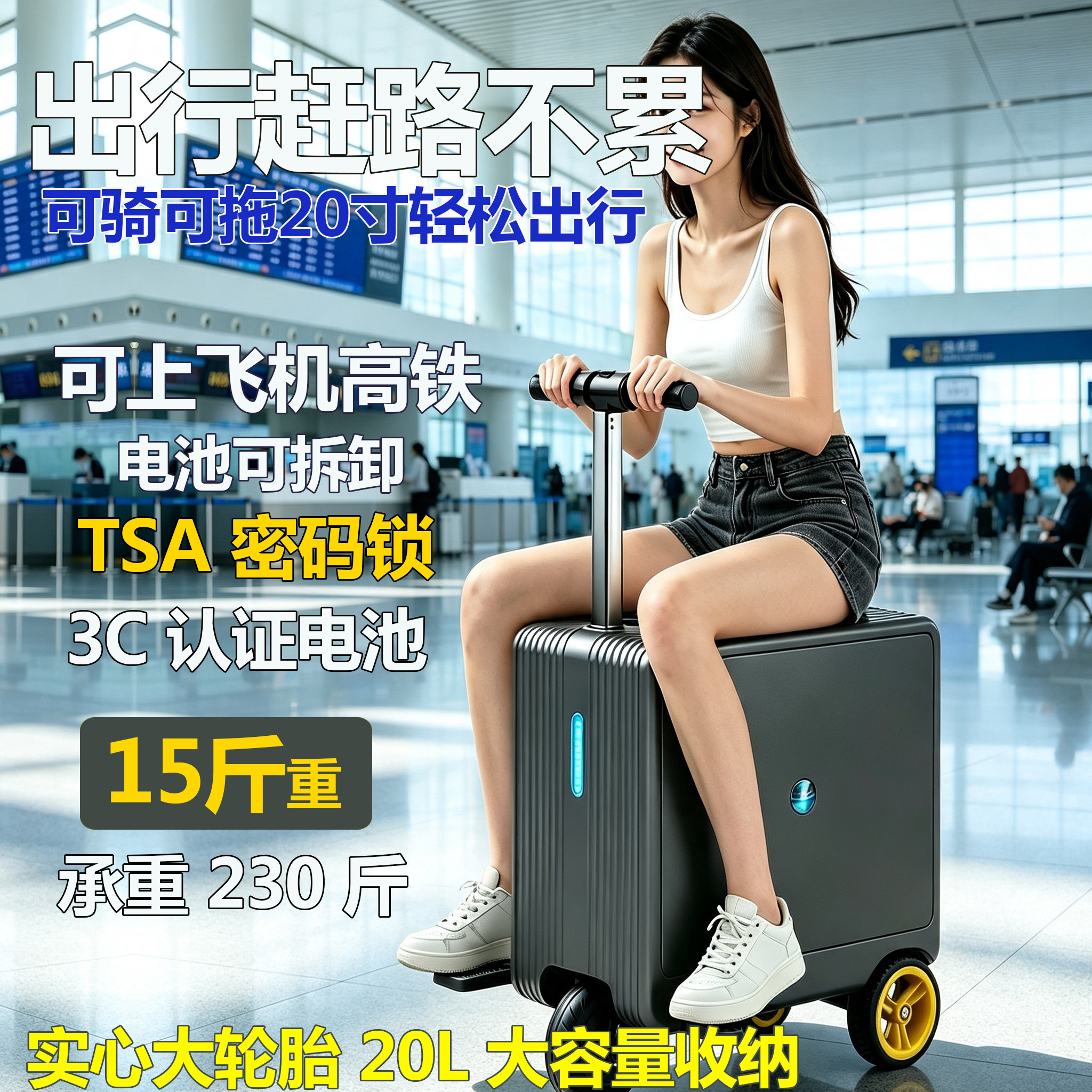 电动行李箱20寸登机箱可骑行通用旅行箱便携式拉杆箱密码箱子男款图片