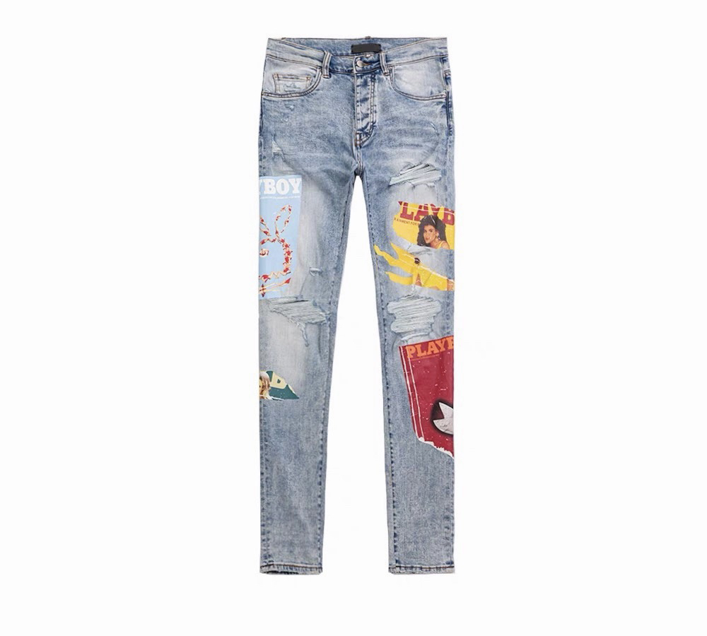 thumbnail for New arrival Fog Slp Trendy Distressed Poster Color Print silm Stretch Am Denim Men&#039s High Street