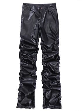 「RED ICE」朋克Playboi Carti解构裤头拼接堆叠喷克褶皱哑光皮裤