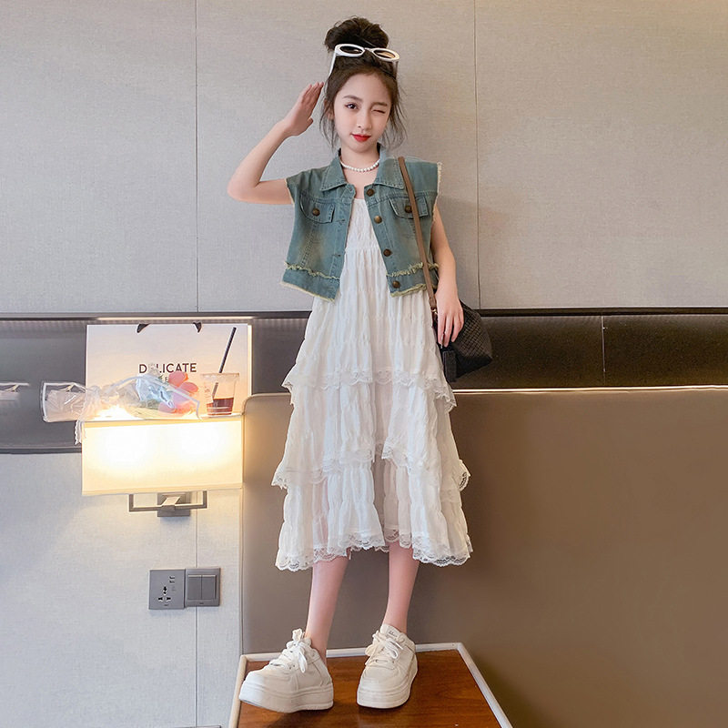 童装女童夏季连衣裙套装2026新款儿童洋气牛仔短袖吊带裙两件套潮