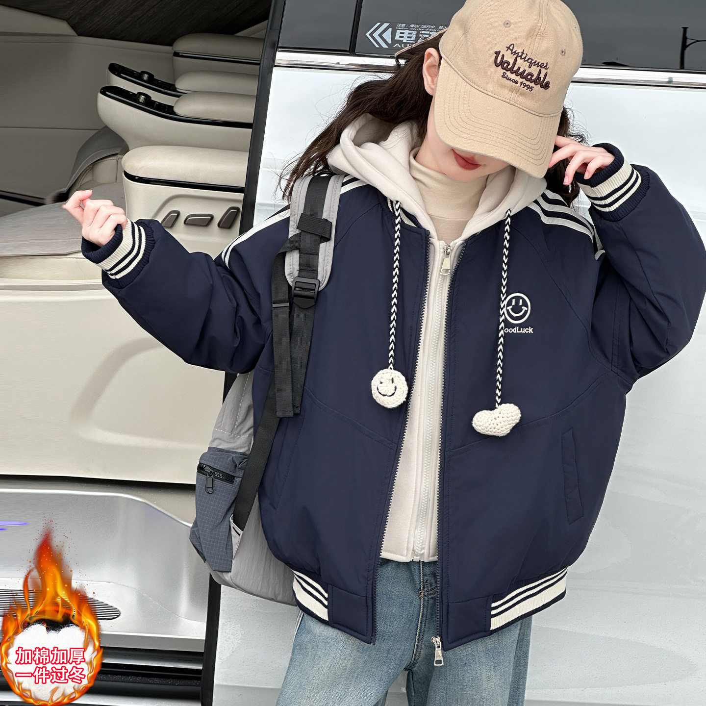 童装女童假两件棒球服2025冬新款儿童中大童加厚连帽洋气保暖外套