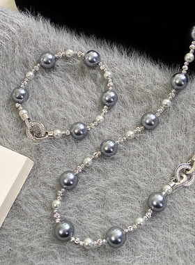 大溪地深灰真多麻灰混彩珍珠项链女设计感卡扣毛衣链精致简约颈链