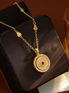 新中式轻奢精致可旋转八宝罗盘项链古法彩色沙金吊坠项链毛衣链潮