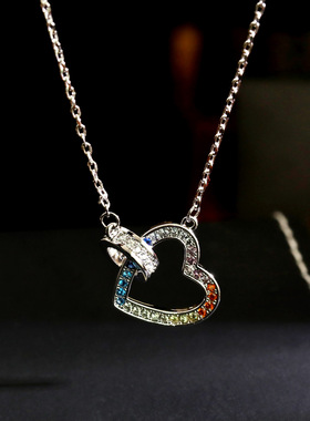 银色彩虹锆石爱心项链满钻彩宝环环相扣锁骨链时尚百搭气质通勤潮
