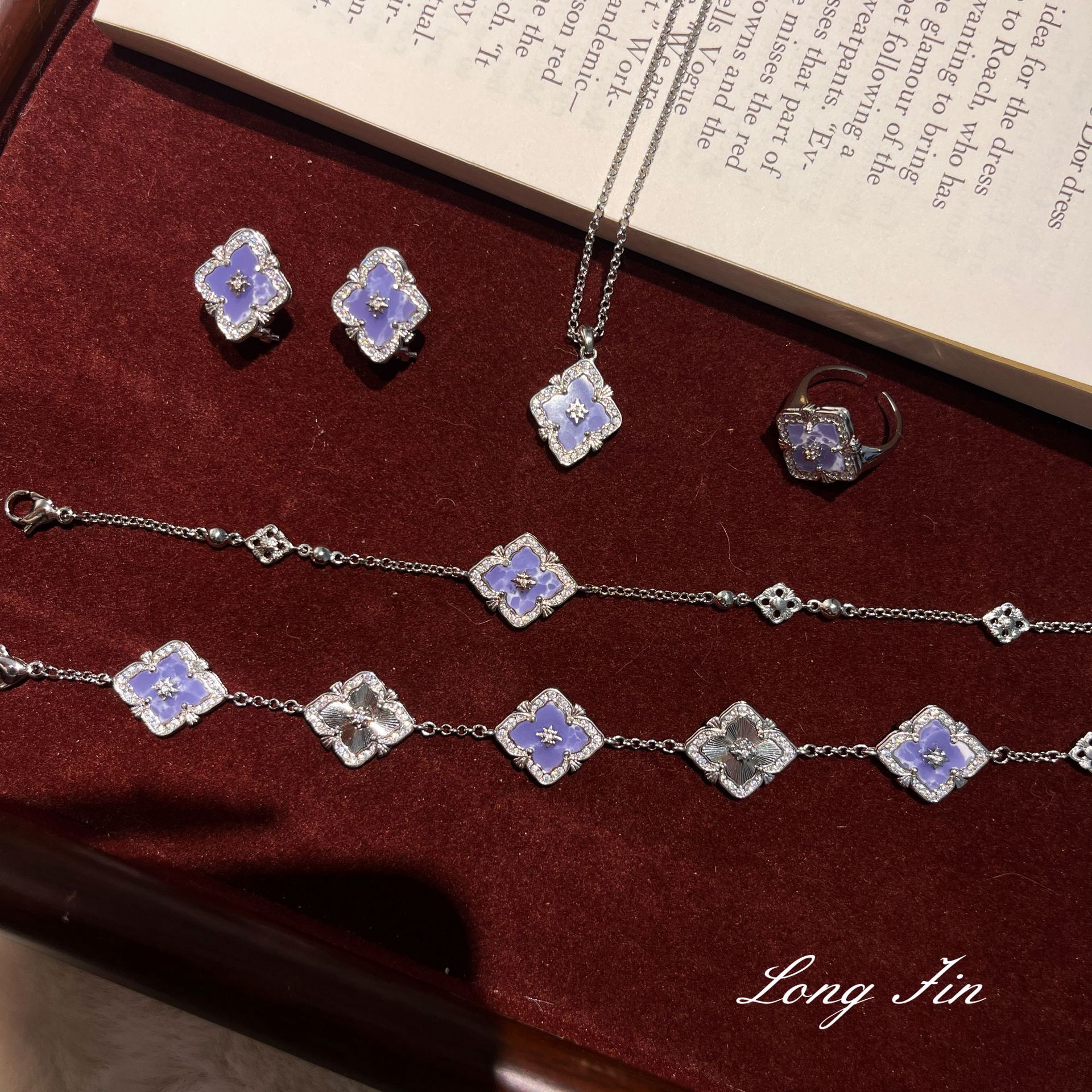 法式复古拉丝布契四叶草耳环项链