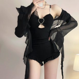 世可儿2025小众黑色高级感遮肉显瘦保守连体泳衣女长袖外套2件套