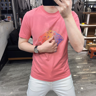高端男士短袖T恤夏季丝光棉美杜莎圆领烫钻修身百搭潮牌半袖体恤
