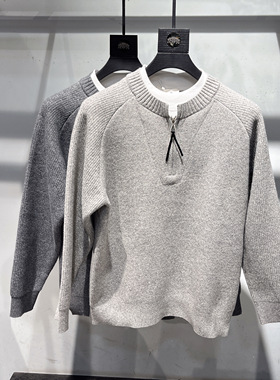 实体~2025冬季极简风拉链假两件圆领毛衣男长袖针织衫灰色打底衫