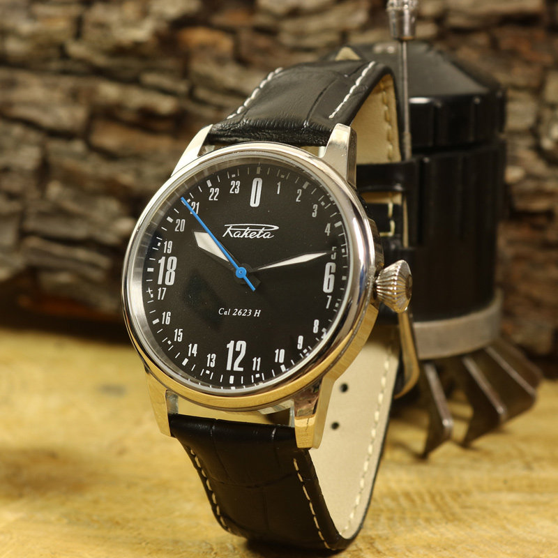苏联库存手表raketa火箭24小时手动机械男表复古休闲玻璃透底真皮