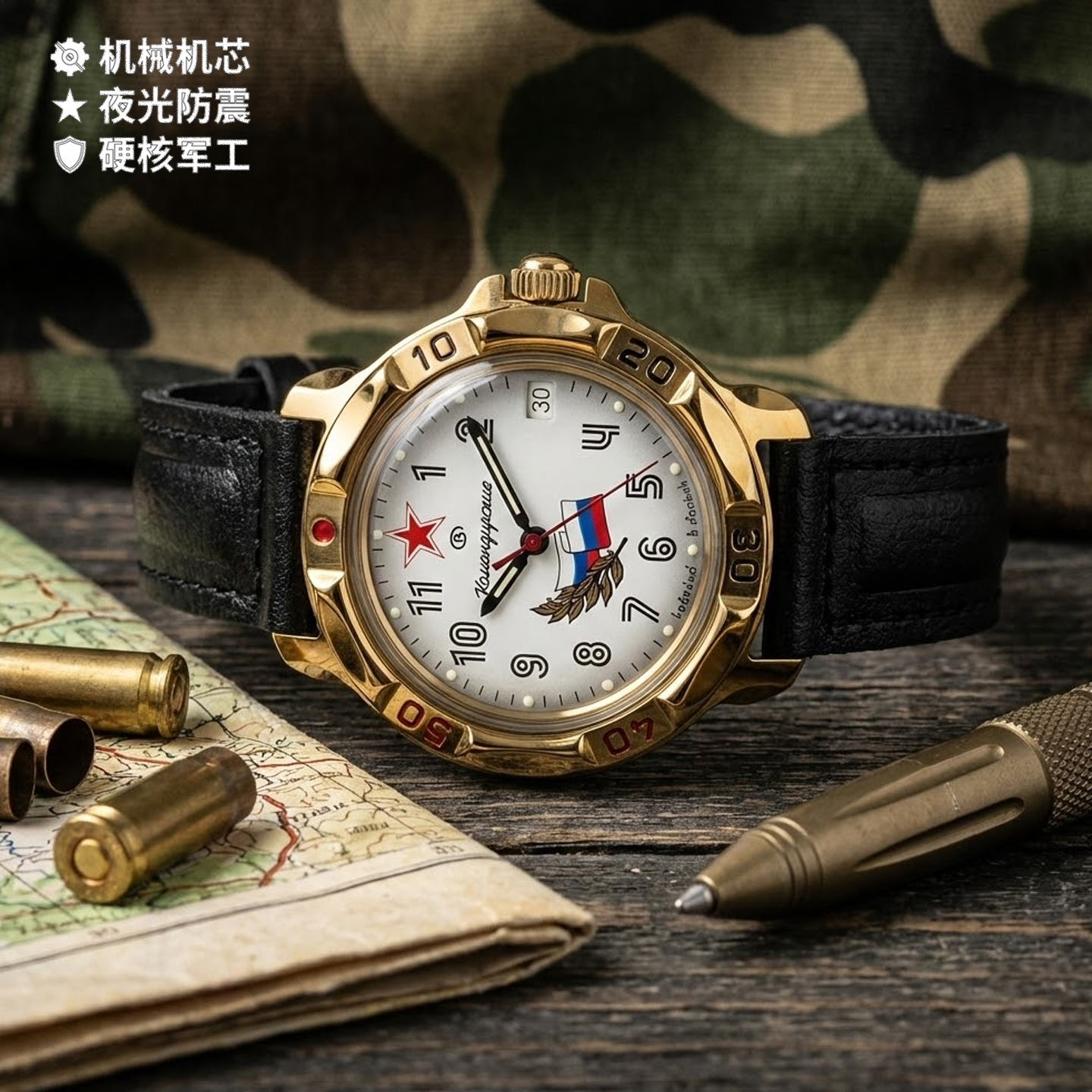 俄罗斯指挥官纯铜机械防震男表