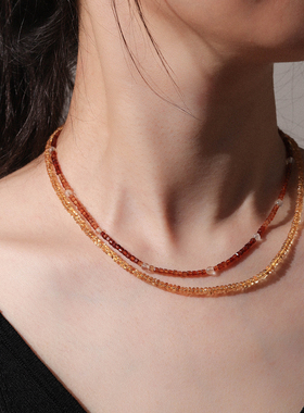 多巴胺原矿浓色黄黄水晶算盘珠白水晶圆珠橙色石榴石方糖双层项链