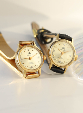 vintage上海产复古镀金小金表黑色真皮表带手动机械女表盘90年代