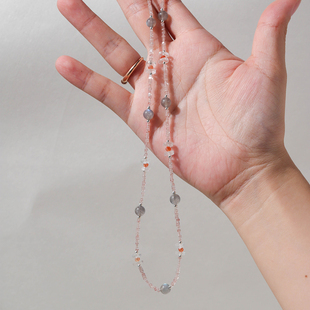 925银天然灰月光石极细草莓水晶方片超闪项链锁骨链清新串珠项链