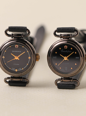 国货精品宝石花小巧手动机械黑色圆形复古怀旧低调个性女士手表