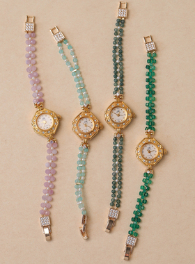 Vintage珠宝女表宝石玉石天然石珍珠水晶紫磷灰手链动机械表