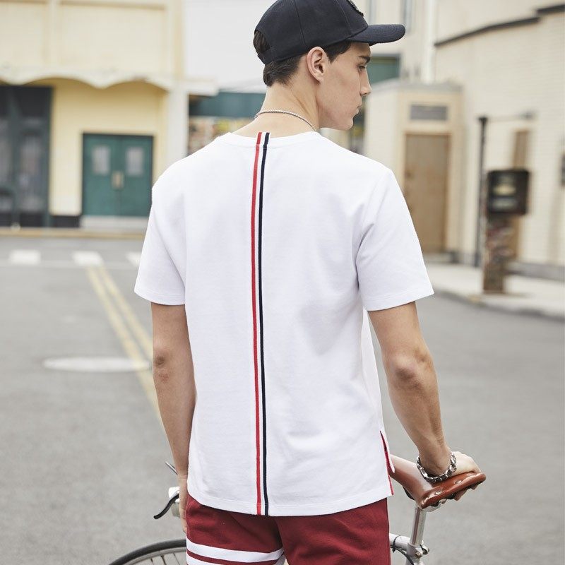 背后三色织带撞色TB圆领短袖纯棉男女情侣T恤时尚潮流,男装,T恤,淘宝优惠券,粉丝福利购,淘宝优惠卷