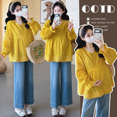 上衣 姜黄色刺绣花朵V领娃娃蕾丝宽松衬衫 孕期洋气孕妇装 新款