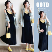 孕妇两件套套装 宽松格子衬衫 裙 百搭休闲假两件吊带连衣裙 春季