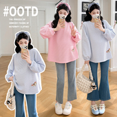 上衣刺绣小马T恤衫 舒适休闲纯棉孕妇装 条纹长袖 2026新款 卫衣春装