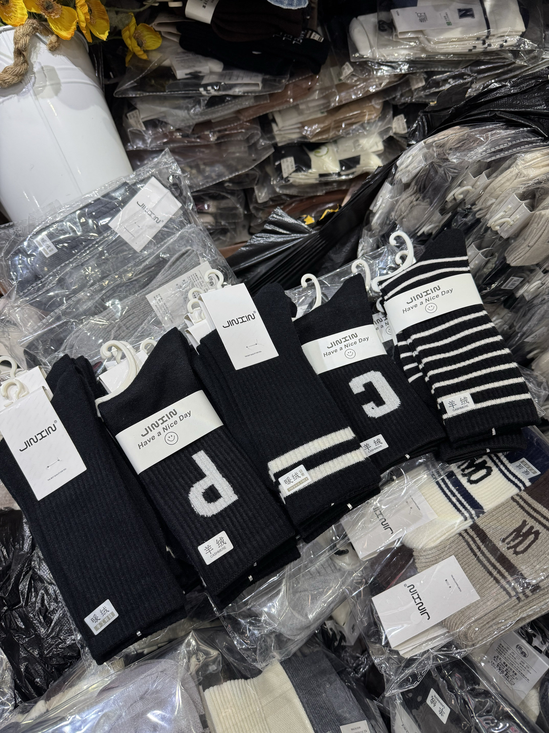 锦鑫暖绒3301冬保暖条纹纯黑ins堆堆宅拉长筒羊绒商务男双针袜子