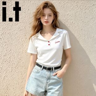 i.tGROUNDZERO白色翻领短袖T恤女夏季修身短款显瘦小个子百搭上衣