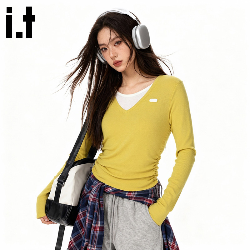 itGROUNDZERO春上新休闲修身时尚假两件V领米白打底针织衫打底女