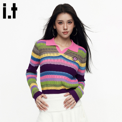 itGROUNDZERO新春休闲修身时尚彩虹条纹粉色镂空POLO领针织衫打底